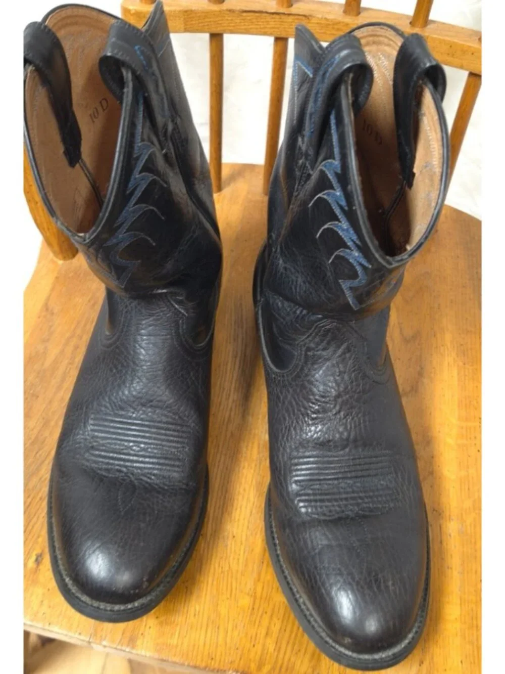 Ariat Mens Black Western Cowboy Leather Mid Calf Boots Top Blue Stitching 10 D